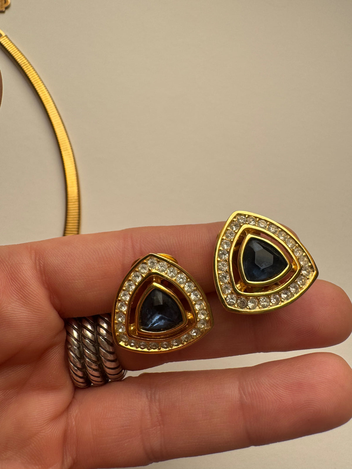 Vintage Christian Dior Blue Crystal Gold Tone Necklace & Earrings Set