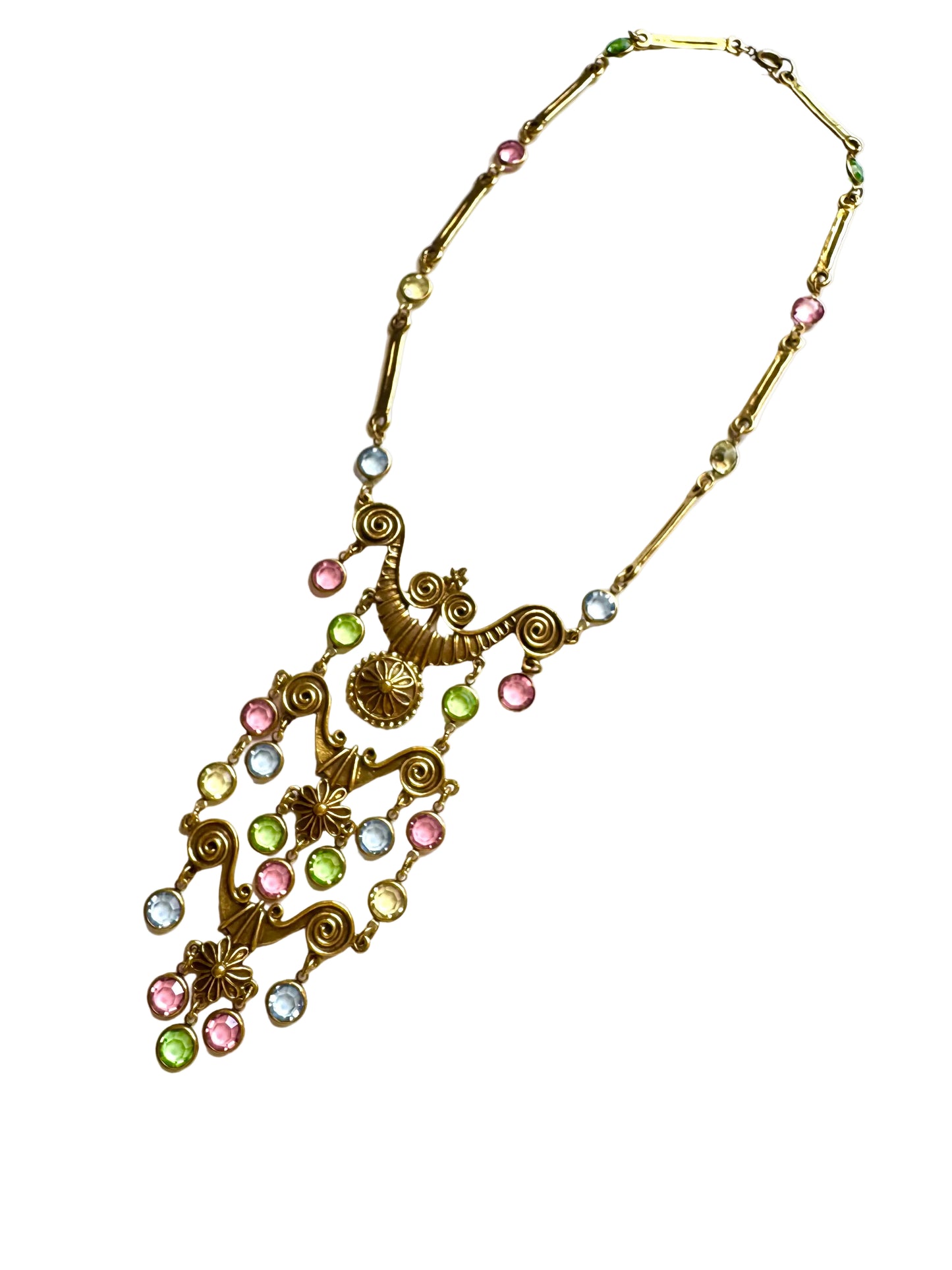 Vintage Victorian Revival Pastel Crystal Bib Necklace in Gold Tone