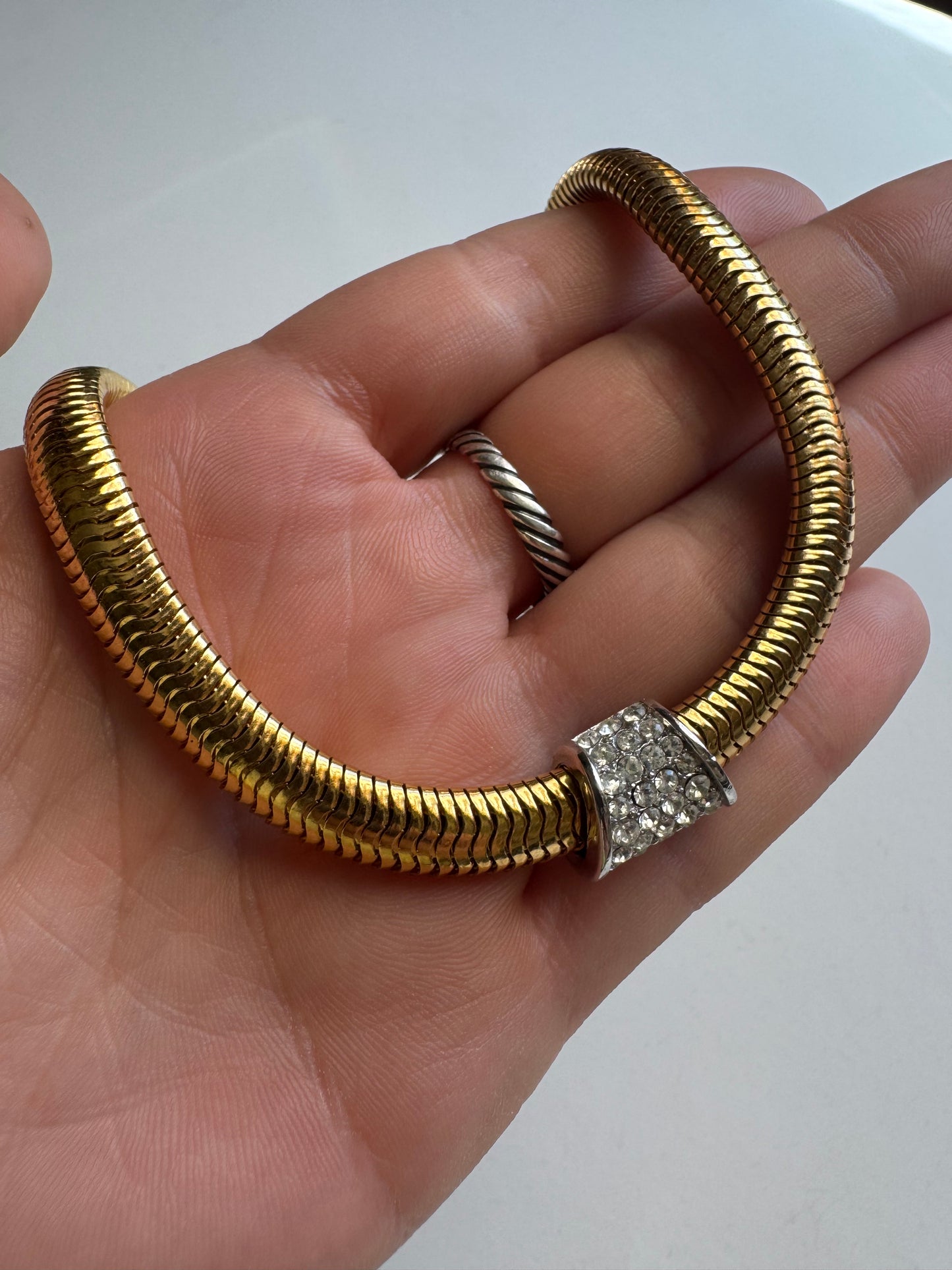 Vintage Crown Trifari Gold Tone Snake Chain Necklace with Rhinestone Centerpiece