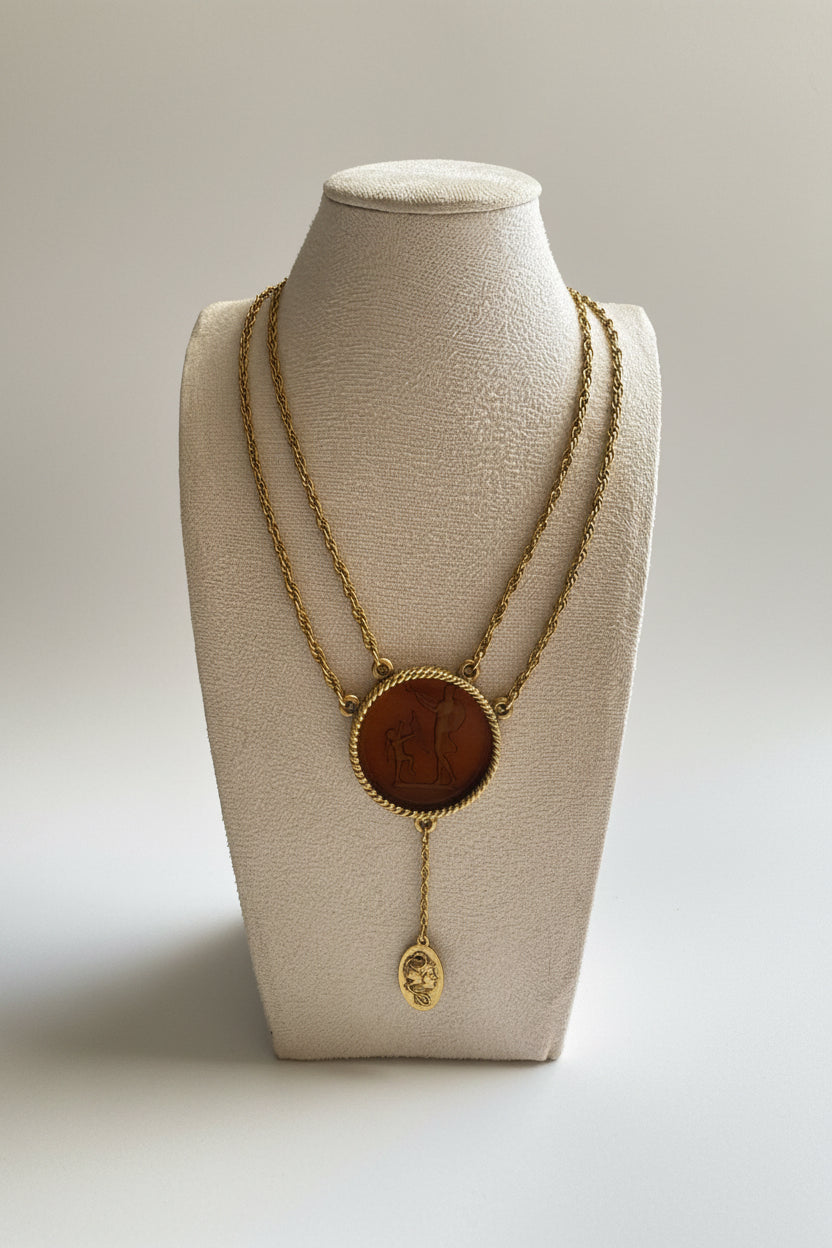 Vintage Amber Color Intaglio Neoclassic Medallion Double Chain Necklace