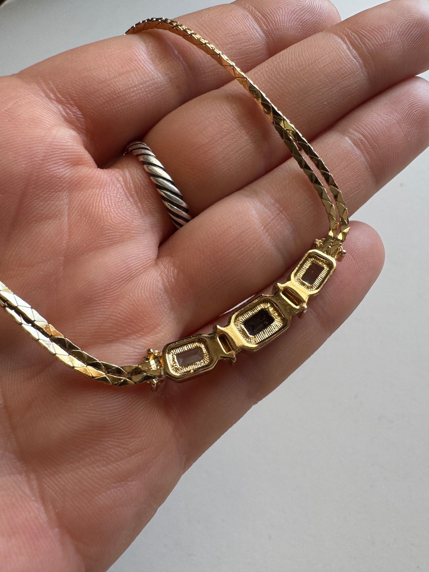 Vintage Christian Dior Blue Crystal Double Chain Herringbone Necklace