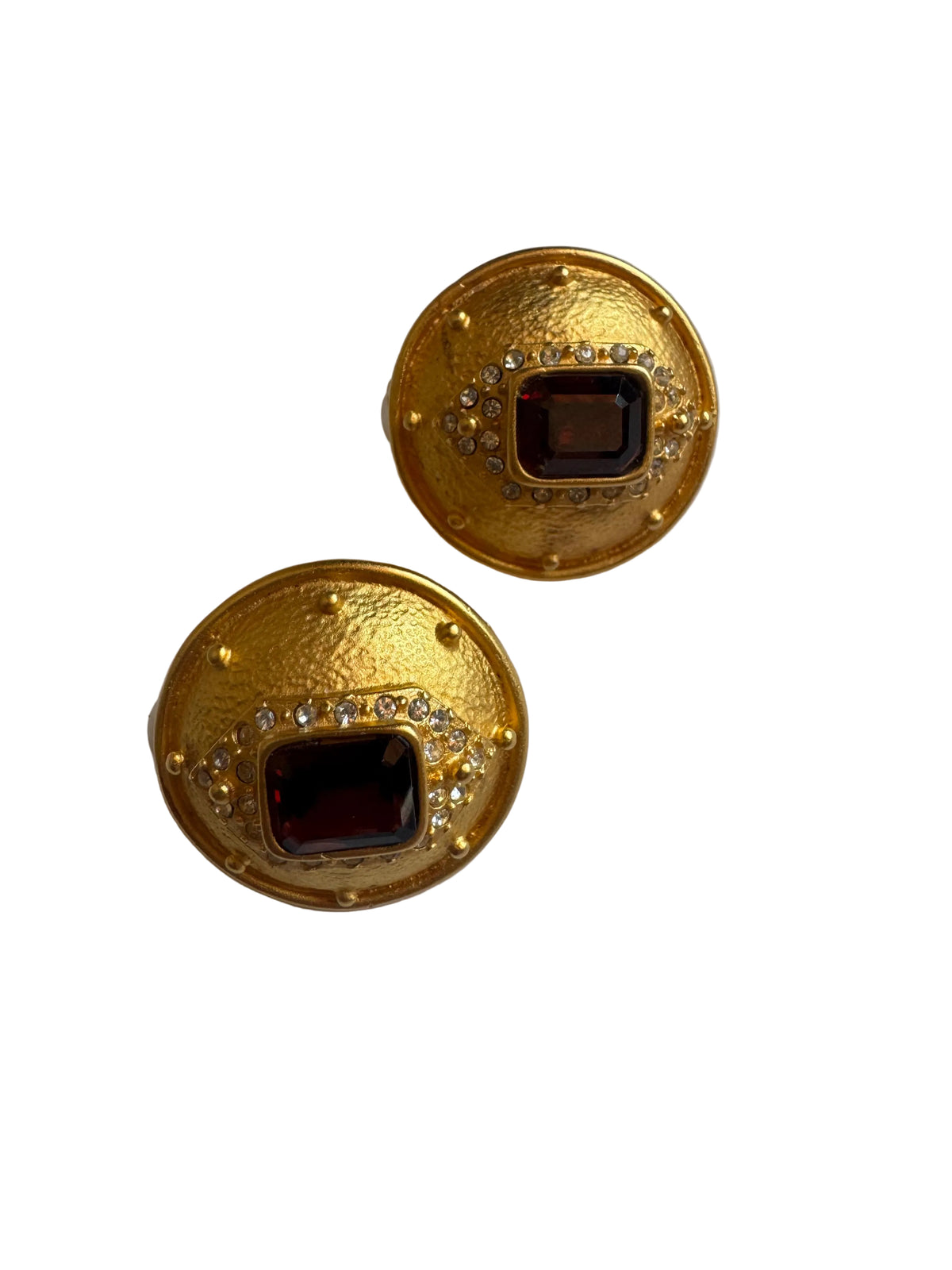 Vintage Leslie Block Ruby Red Crystal Gold Tone Clip-On Earrings