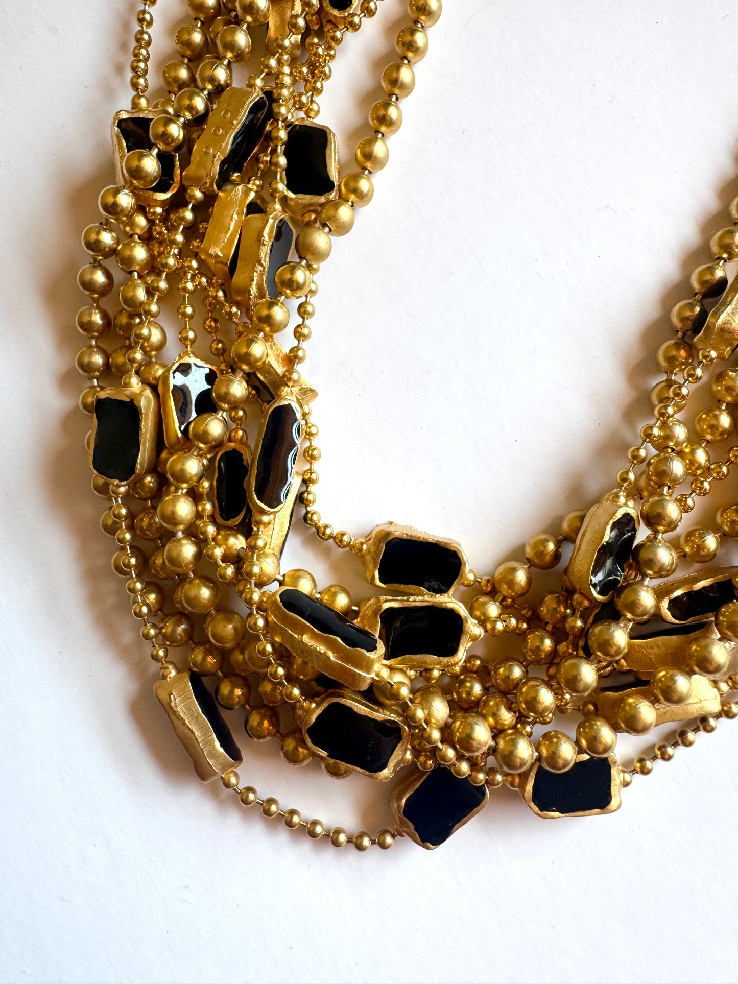 Vintage Unsigned Multi-Strand Gold Tone Black Enamel Statement Necklace
