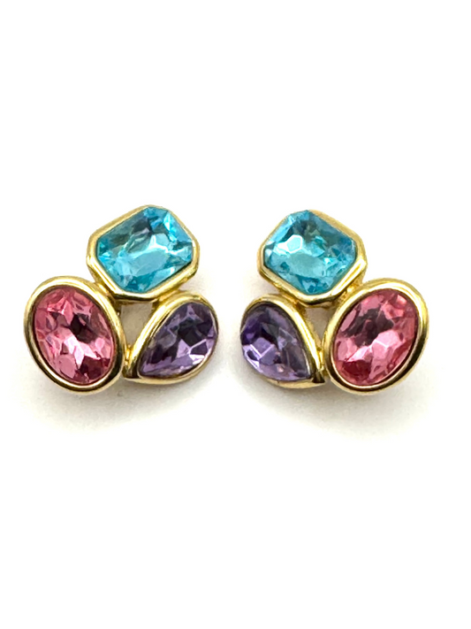 Vintage Trifari Multicolor Faceted Glass Clip on Earrings