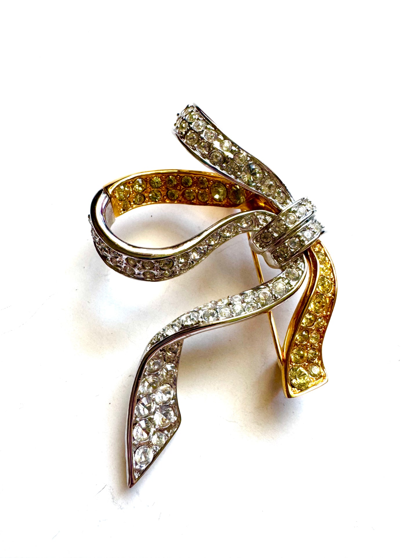 Vintage Nolan Miller Rhinestone Bow Brooch Gold Silver Tone Statement Ribbon Brooch