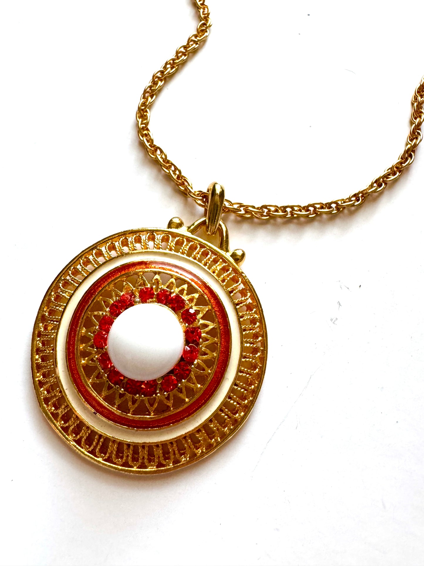 Vintage Enamel & Rhinestone Medallion Pendant Necklace