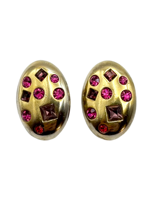 Vintage Yves Saint Laurent Oval Rhinestone Inset Clip on Earrings