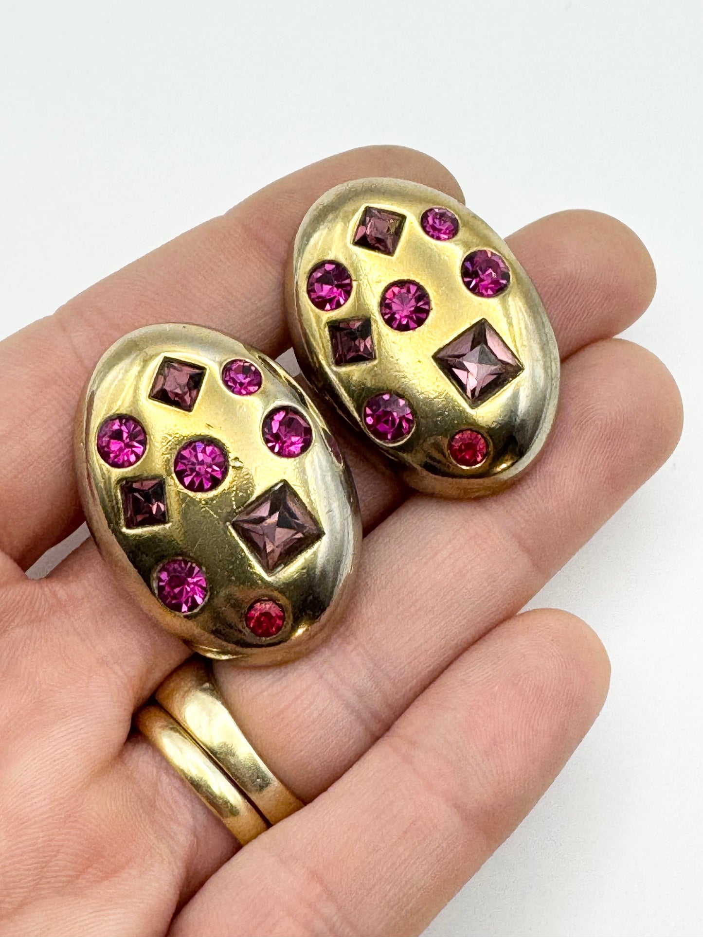 Vintage Yves Saint Laurent Oval Rhinestone Inset Clip on Earrings