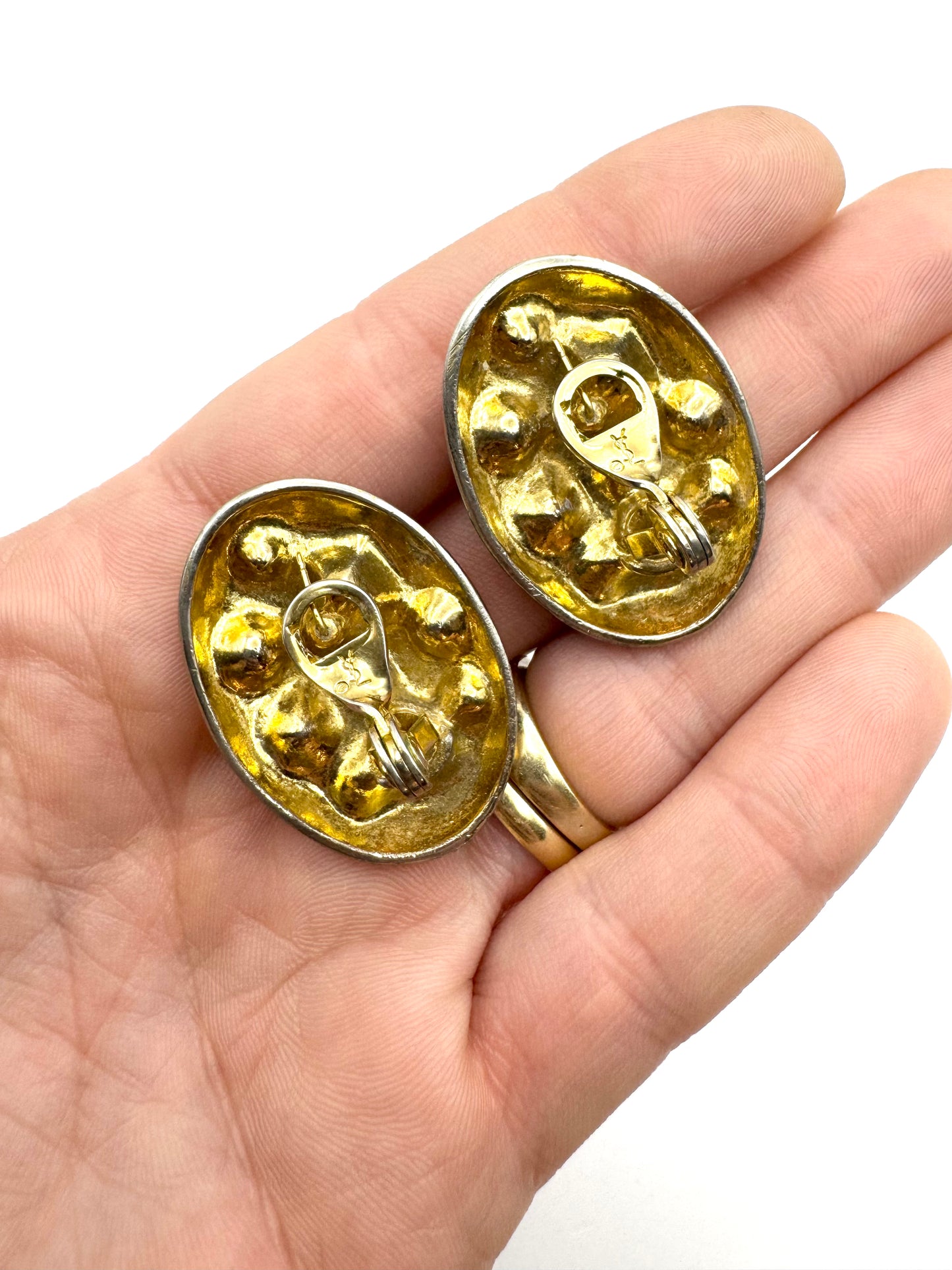 Vintage Yves Saint Laurent Oval Rhinestone Inset Clip on Earrings