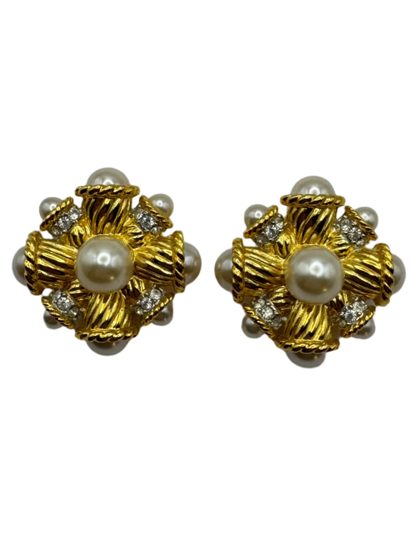 Vintage Kenneth Jay Lane Pearl Crystal Clip on Earrings