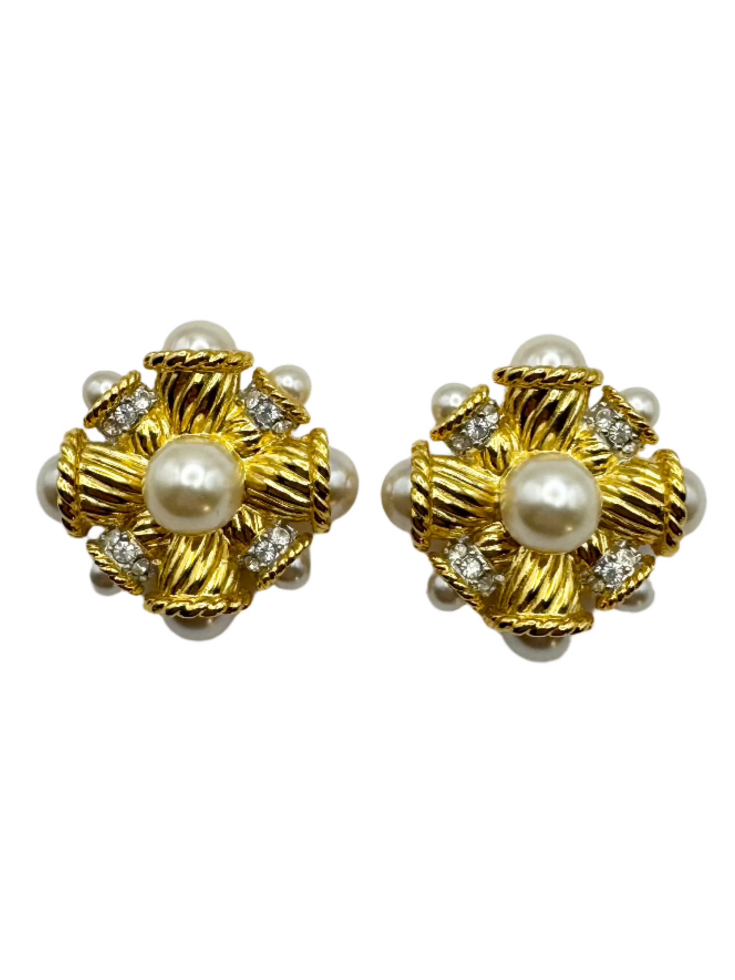 Vintage Kenneth Jay Lane Pearl Crystal Clip on Earrings