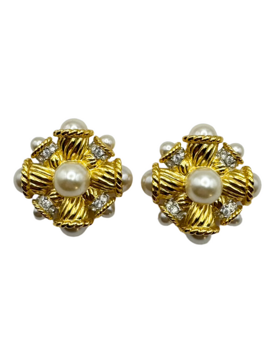 Vintage Kenneth Jay Lane Pearl Crystal Clip on Earrings