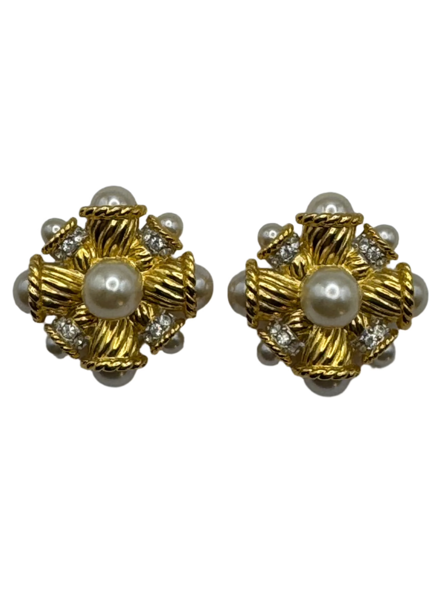 Vintage Kenneth Jay Lane Pearl Crystal Clip on Earrings