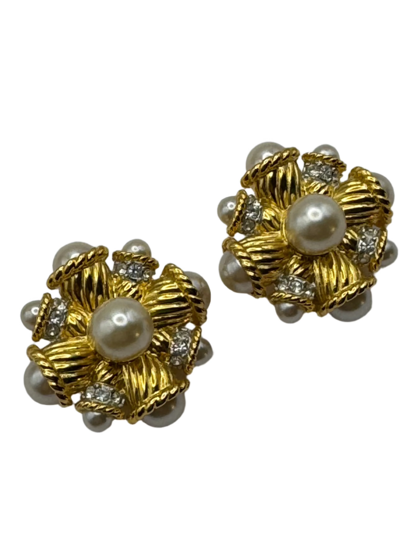 Vintage Kenneth Jay Lane Pearl Crystal Clip on Earrings