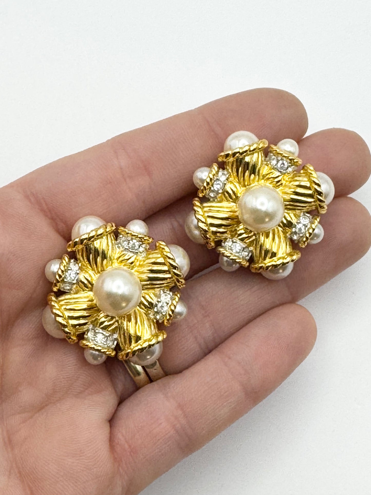 Vintage Kenneth Jay Lane Pearl Crystal Clip on Earrings