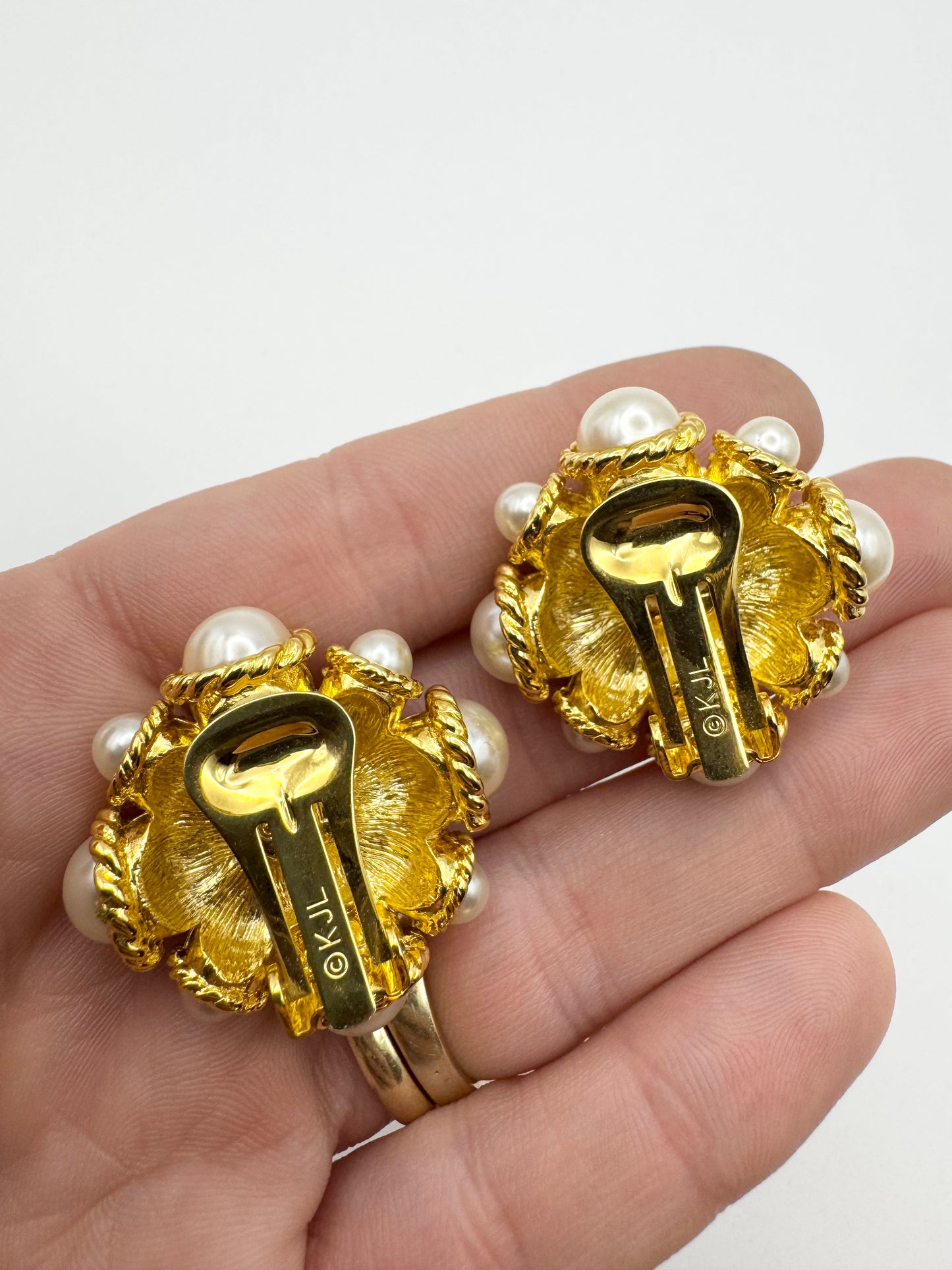 Vintage Kenneth Jay Lane Pearl Crystal Clip on Earrings