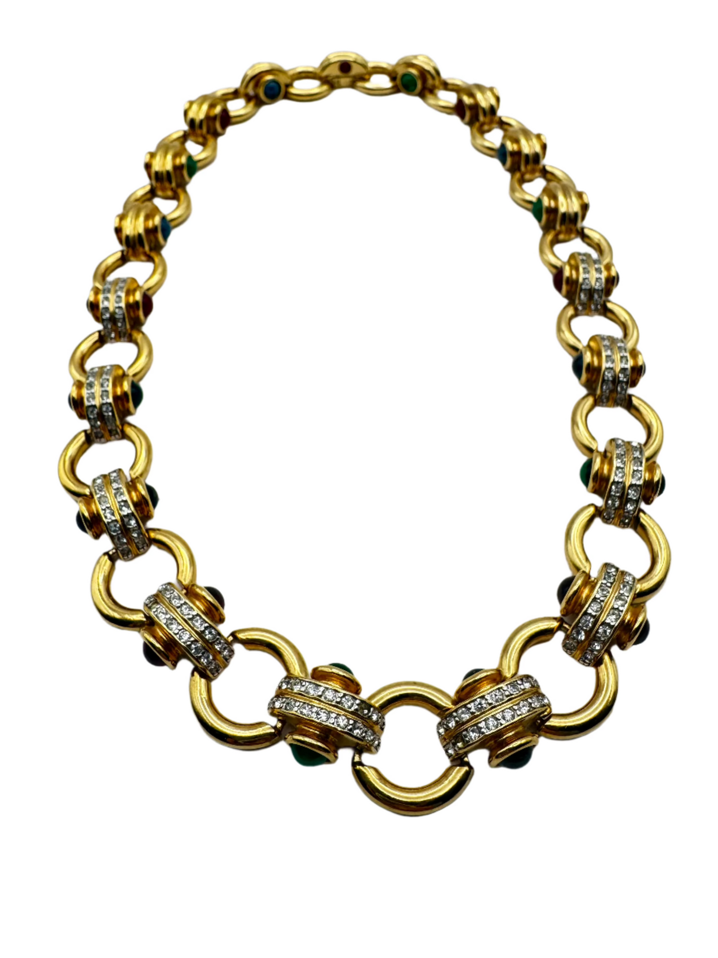 Vintage Gold Plated Lucite Cabochon Rhinestone Collar Necklace 1980s