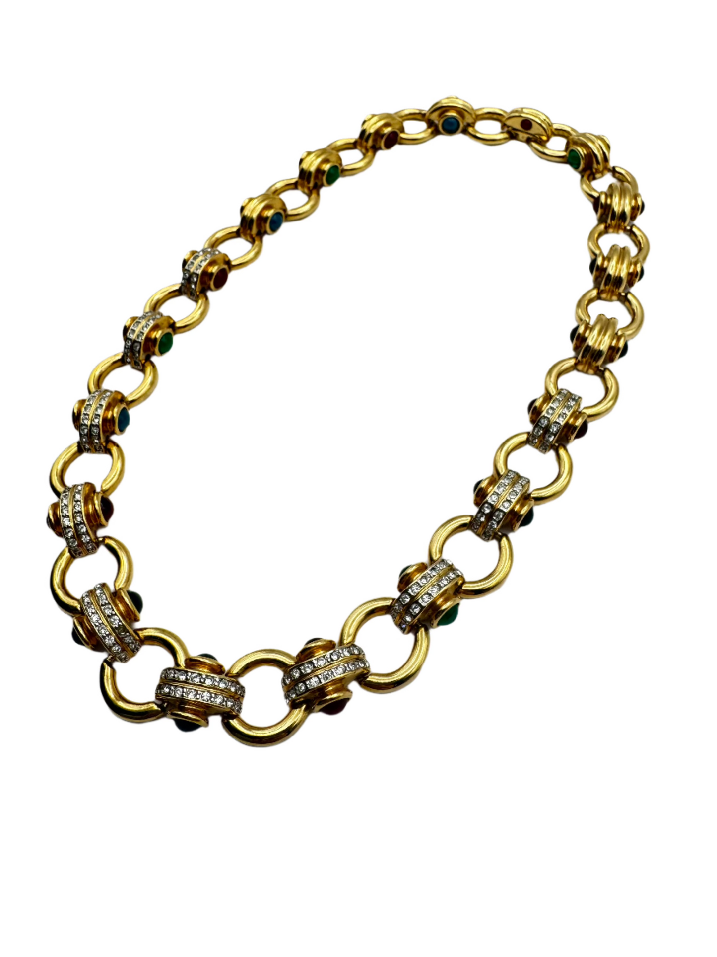 Vintage Gold Plated Lucite Cabochon Rhinestone Collar Necklace 1980s