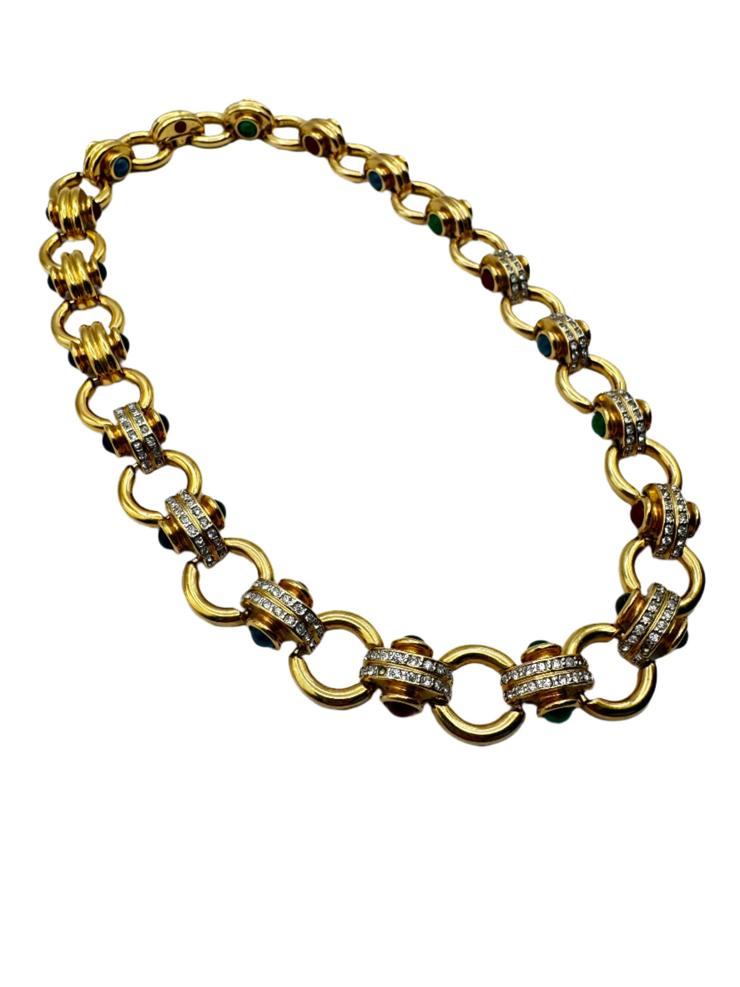 Vintage Gold Plated Lucite Cabochon Rhinestone Collar Necklace 1980s