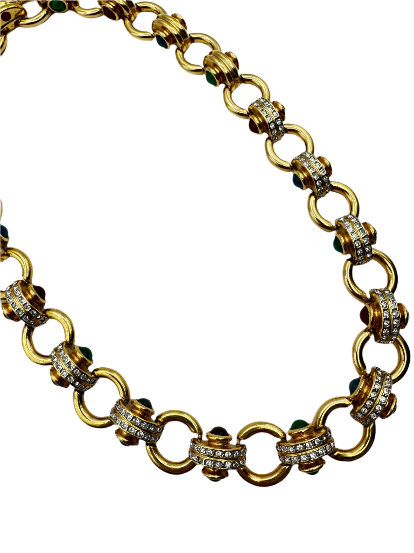 Vintage Gold Plated Lucite Cabochon Rhinestone Collar Necklace 1980s