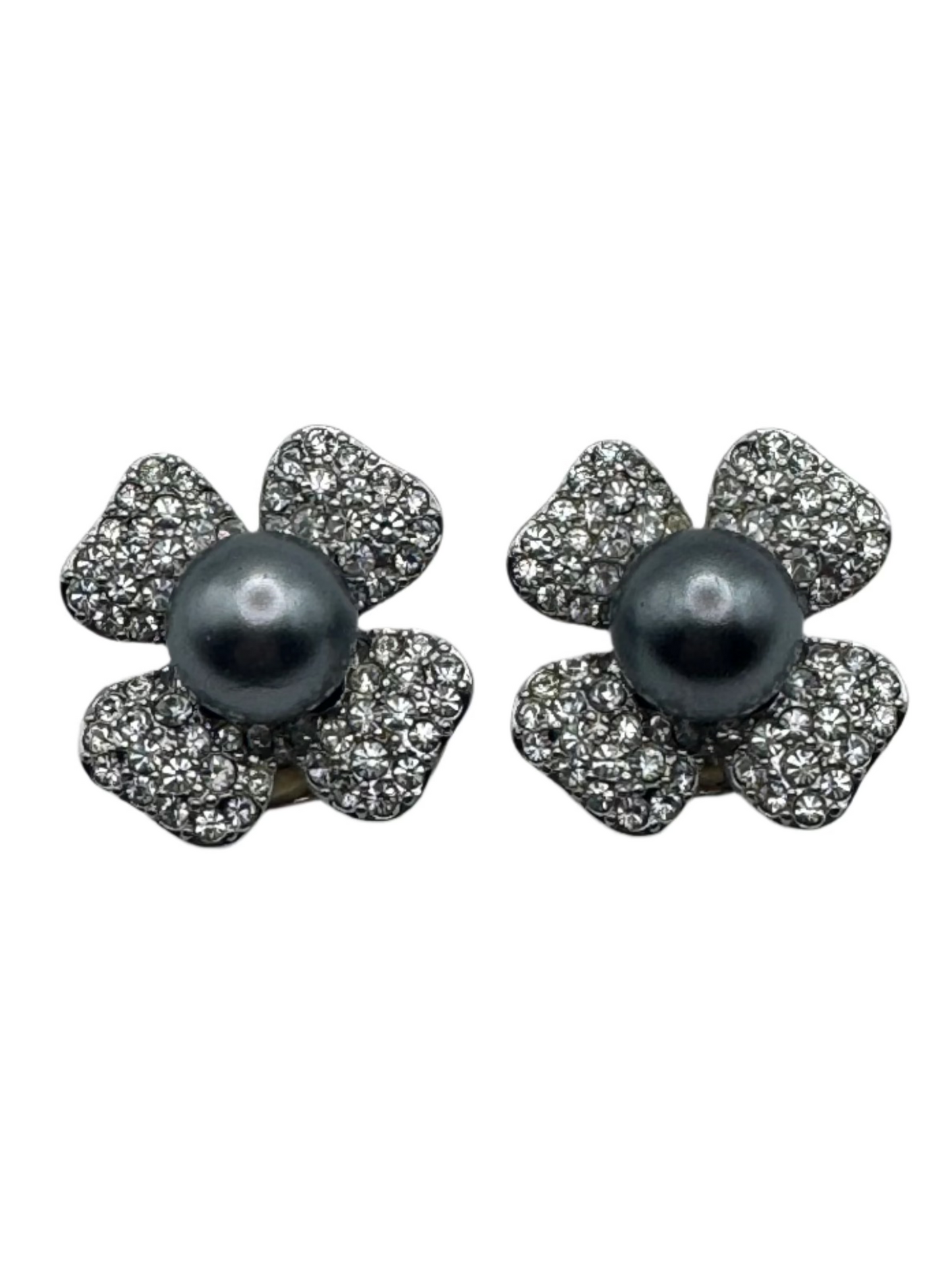 Vintage KJL Pave Rhinestone Pearl Clipon Earrings