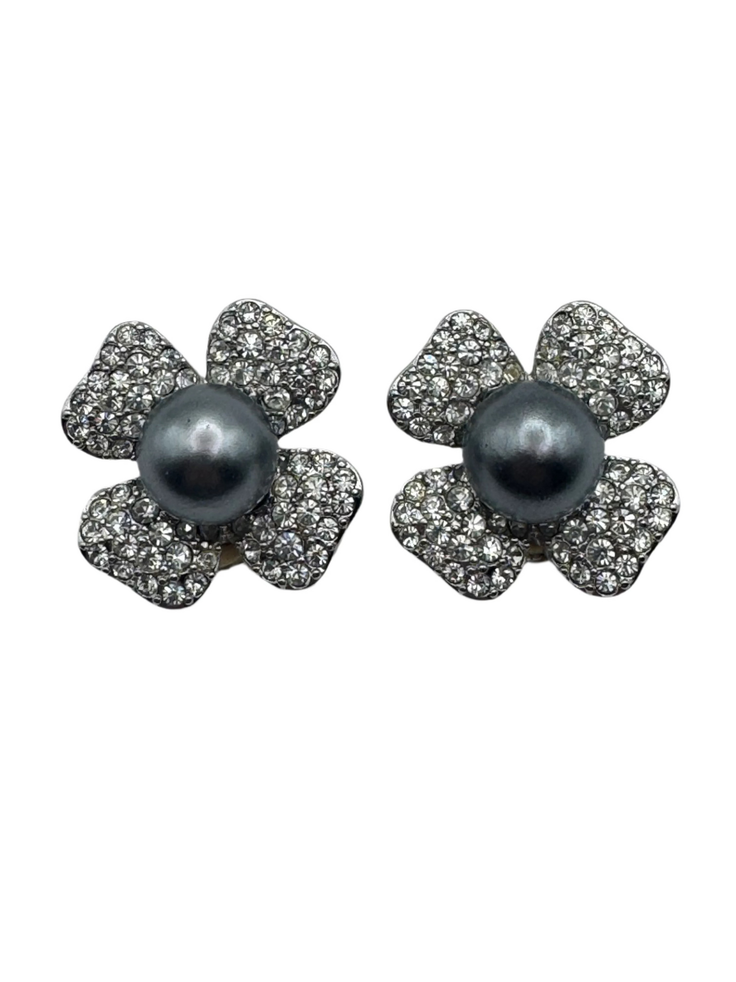 Vintage KJL Pave Rhinestone Pearl Clipon Earrings