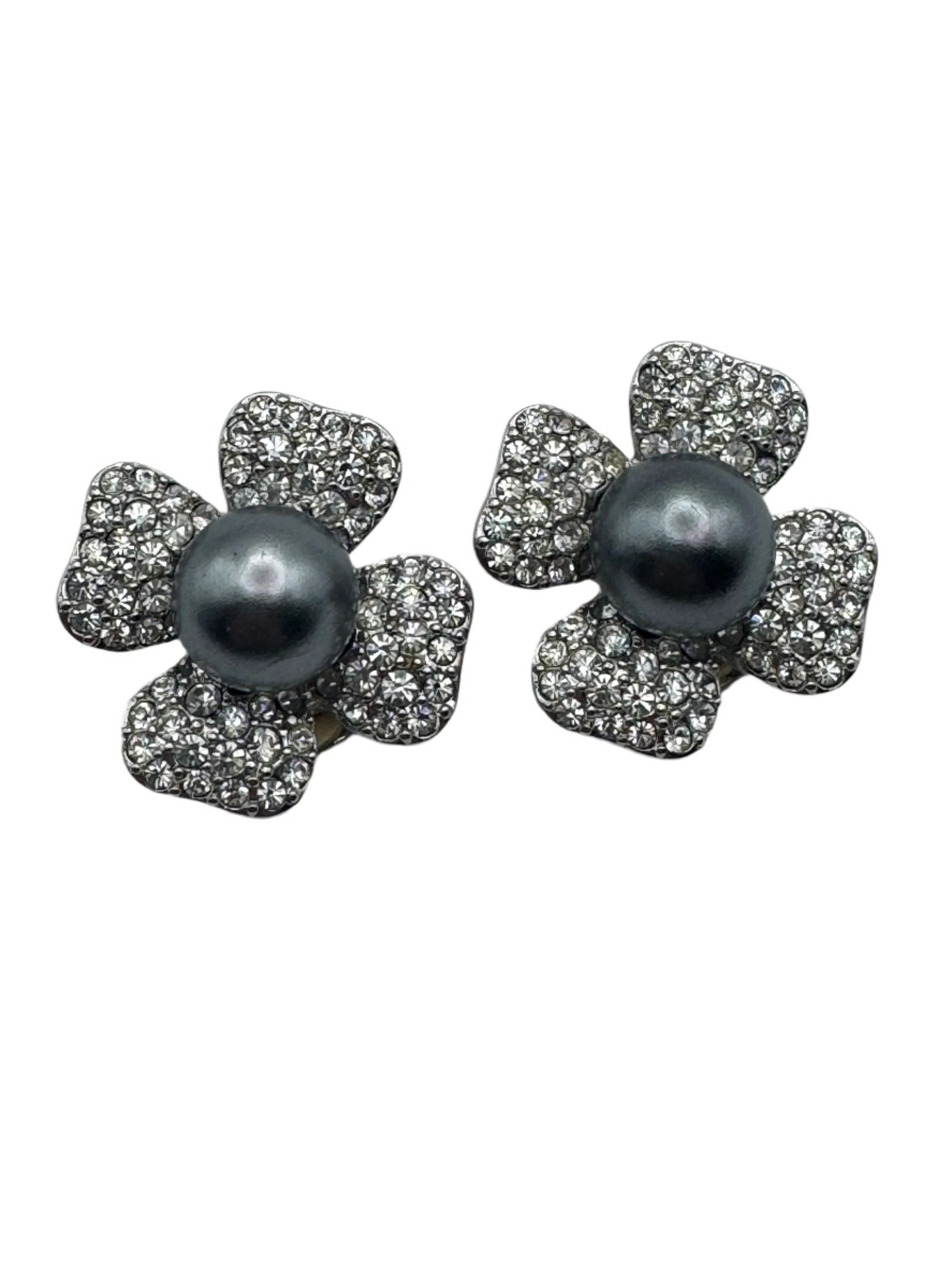 Vintage KJL Pave Rhinestone Pearl Clipon Earrings