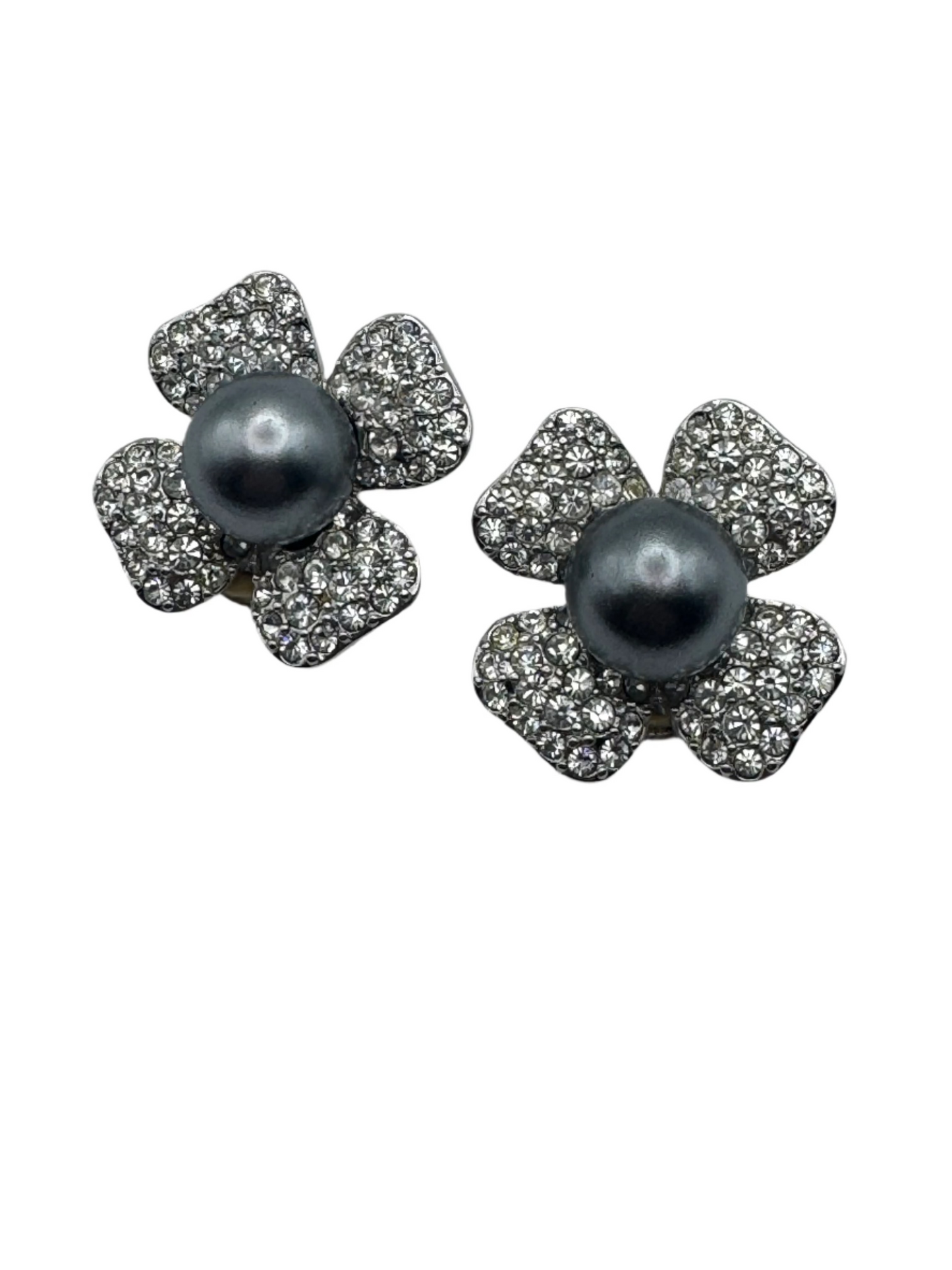 Vintage KJL Pave Rhinestone Pearl Clipon Earrings