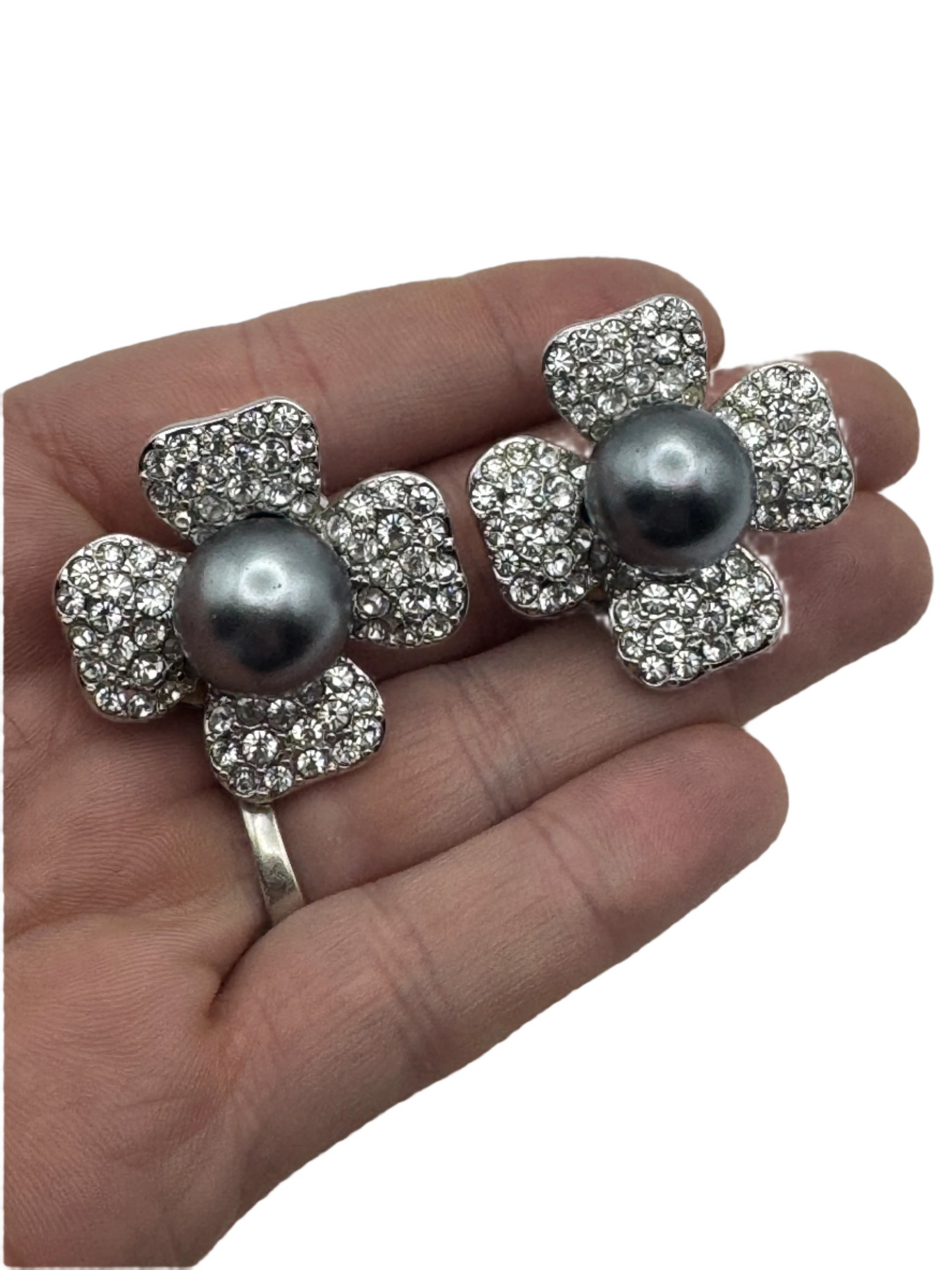 Vintage KJL Pave Rhinestone Pearl Clipon Earrings