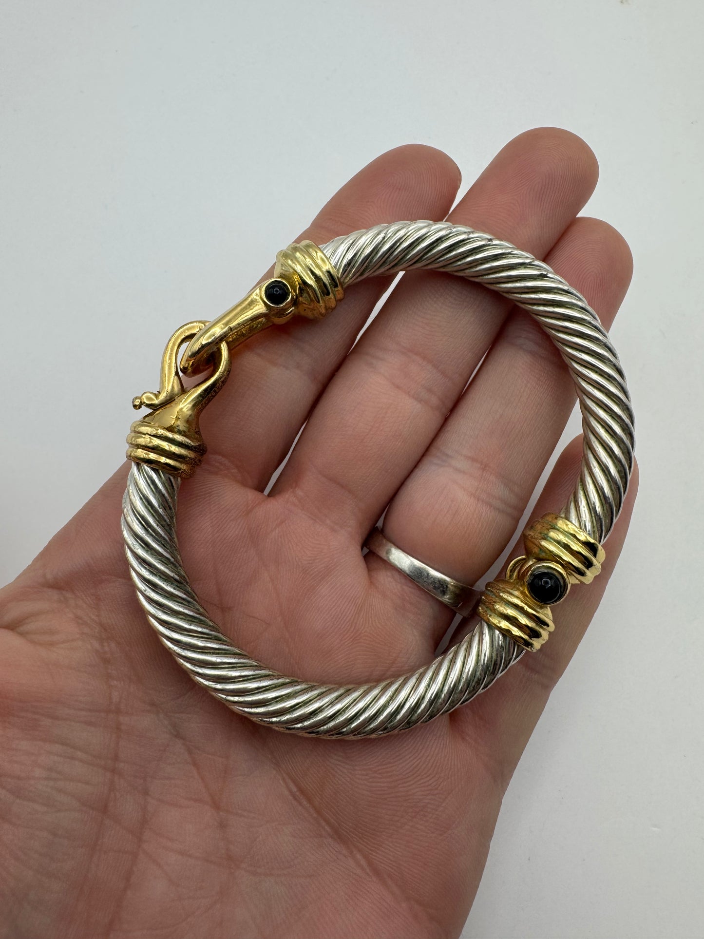 Vintage 2 Tone Twisted Cable Renaissance Revival Black Cabochon Bracelet