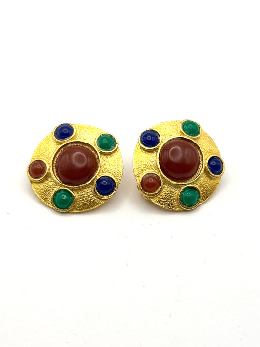 Vintage Gold-Tone Clip-On Earrings with Multicolor Cabochons