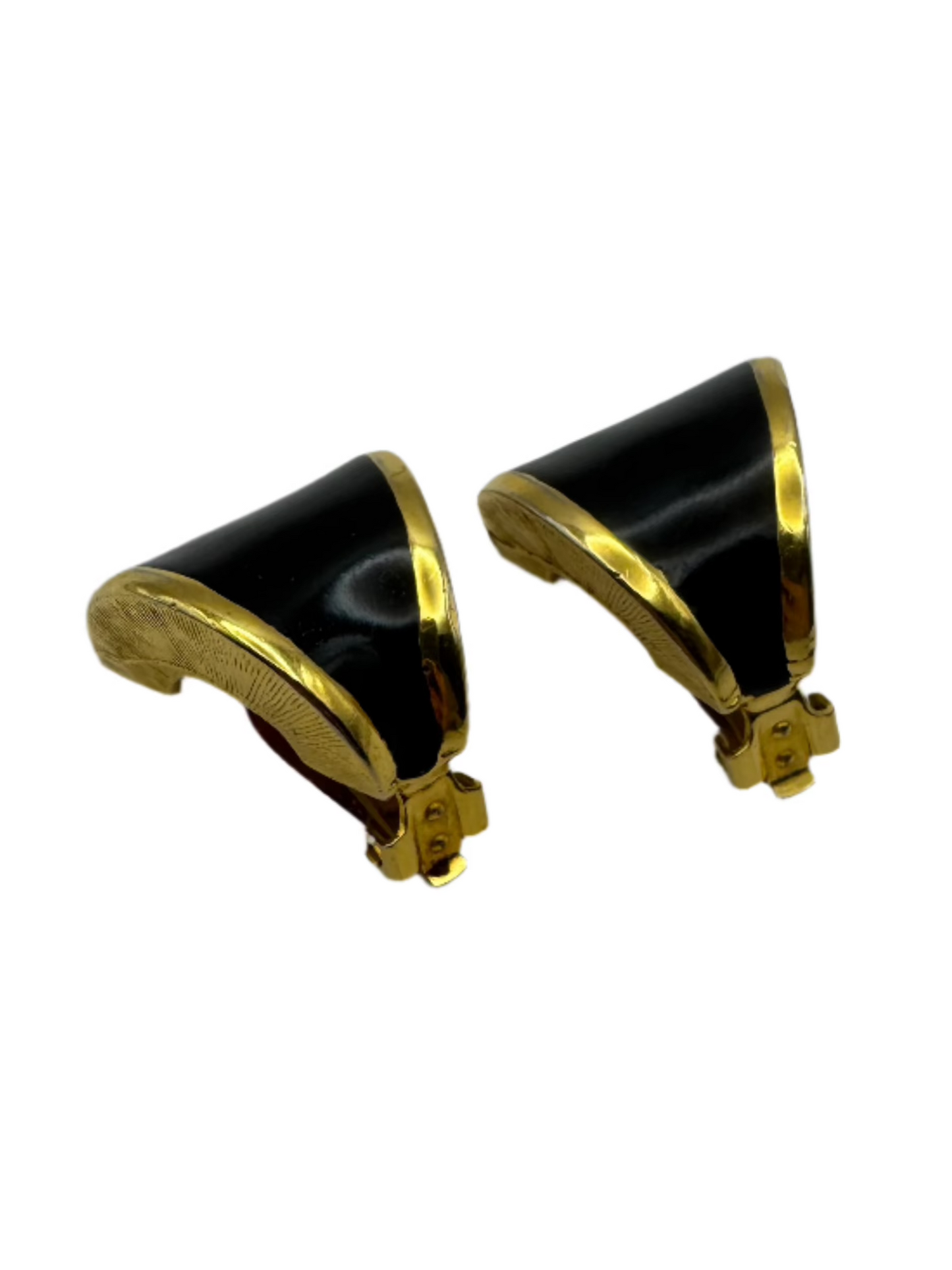 Vintage Kenneth Jay Lane Black Enamel & Gold Clip-On Earrings – 1980s