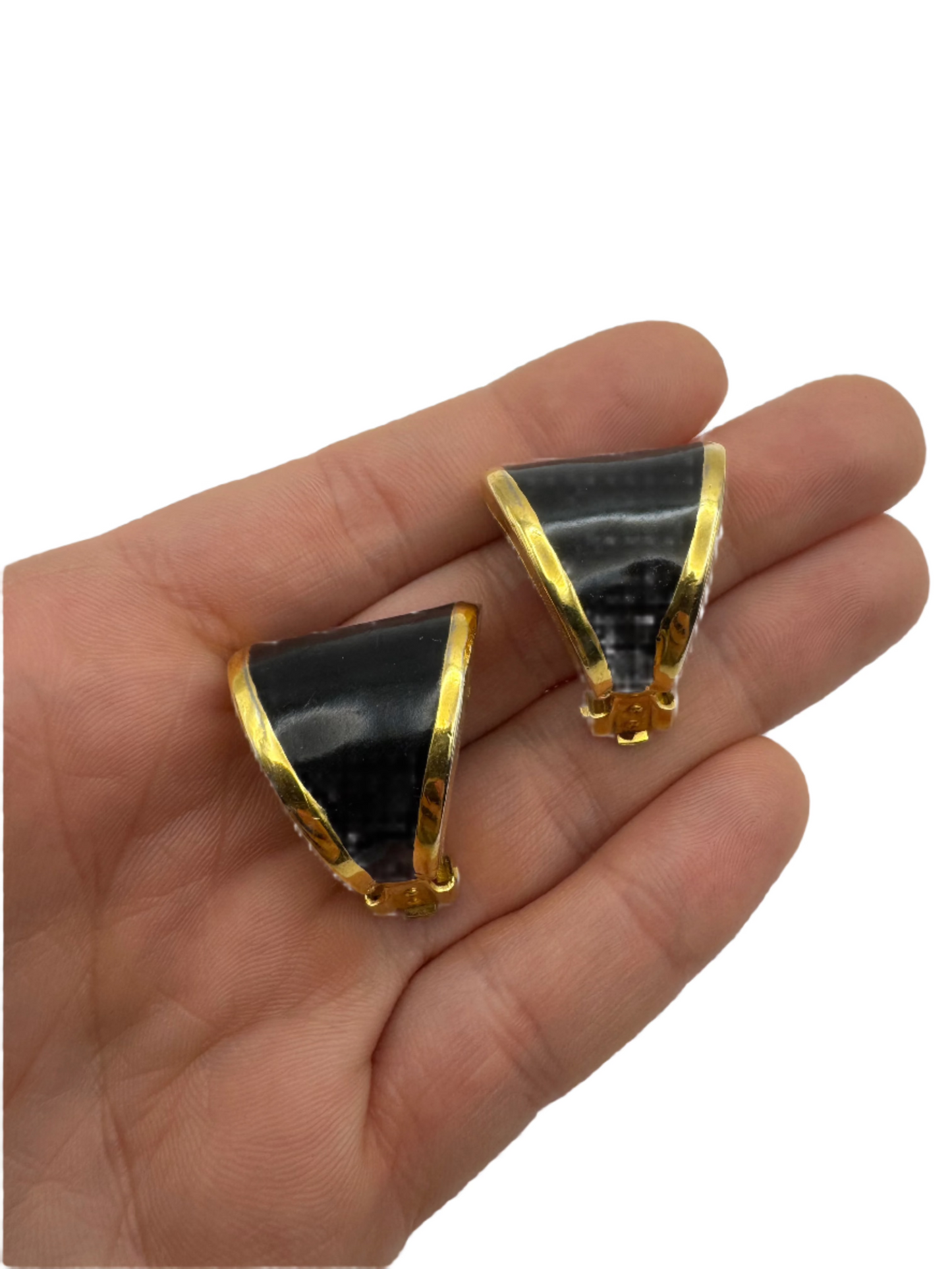 Vintage Kenneth Jay Lane Black Enamel & Gold Clip-On Earrings – 1980s