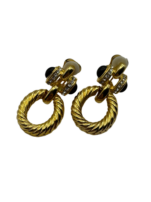Vintage Gold-Tone Clip-On Earrings with Black Cabochons & Rhinestones 1980s