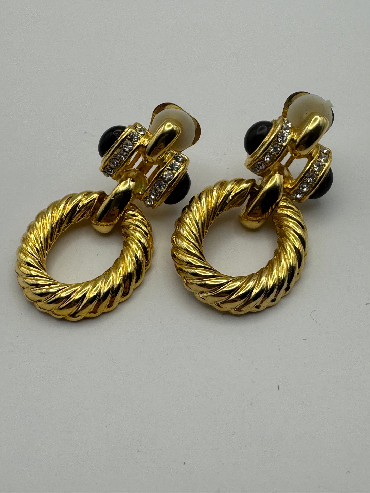 Vintage Gold-Tone Clip-On Earrings with Black Cabochons & Rhinestones 1980s