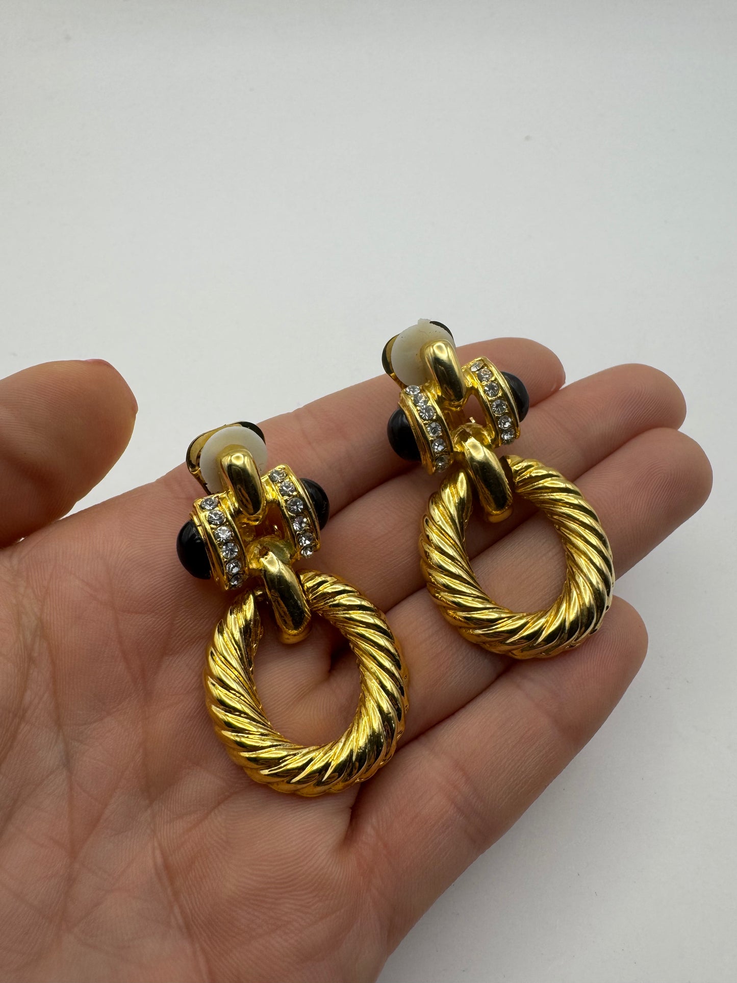 Vintage Gold-Tone Clip-On Earrings with Black Cabochons & Rhinestones 1980s