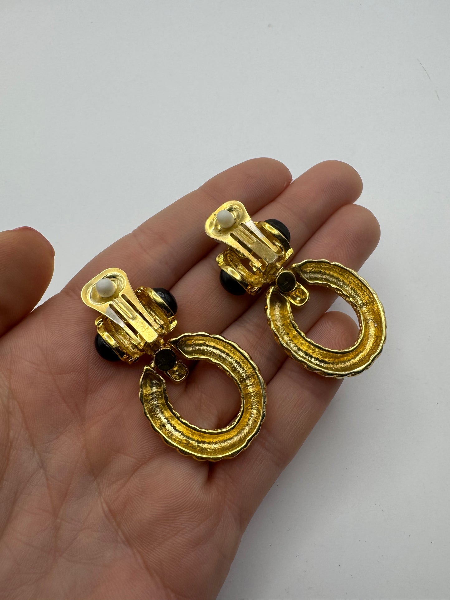 Vintage Gold-Tone Clip-On Earrings with Black Cabochons & Rhinestones 1980s