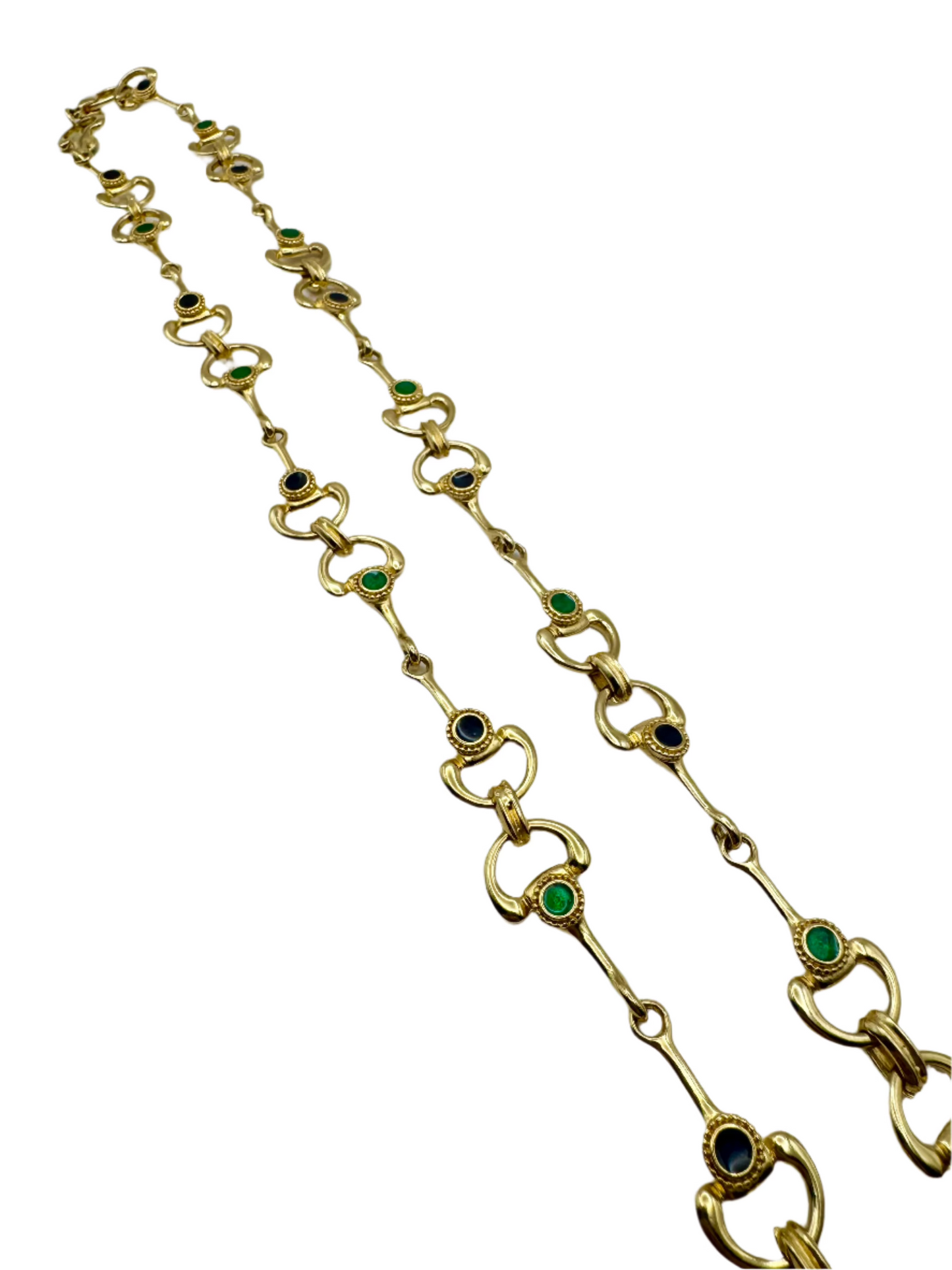 Vintage Gold Tone Link Necklace with Navy and Emerald Green Enamel Accents