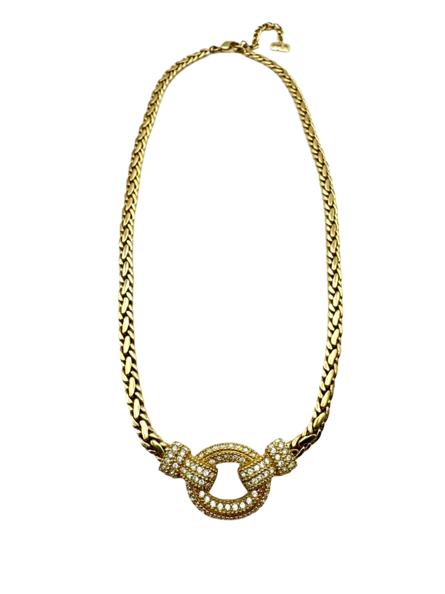 Vintage Christian Dior Gold Tone Circle Crystal Center Chain Necklace