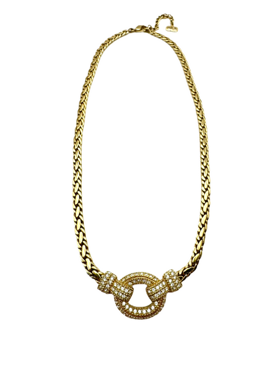 Vintage Christian Dior Gold Tone Circle Crystal Center Chain Necklace