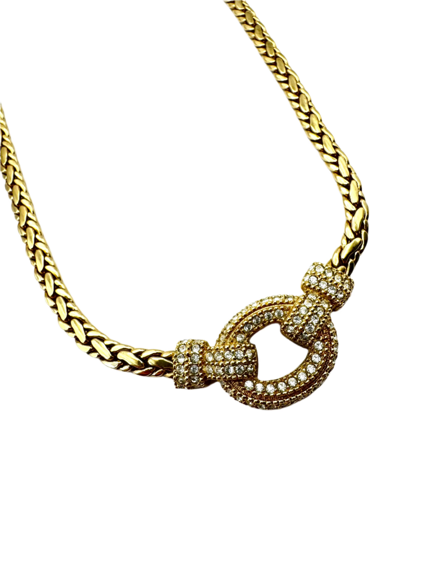Vintage Christian Dior Gold Tone Circle Crystal Center Chain Necklace