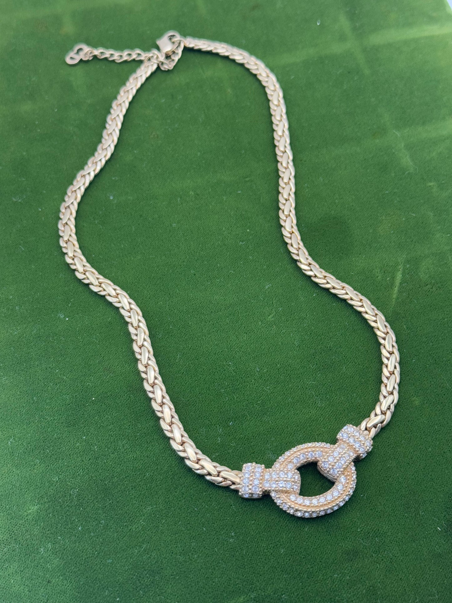 Vintage Christian Dior Gold Tone Circle Crystal Center Chain Necklace