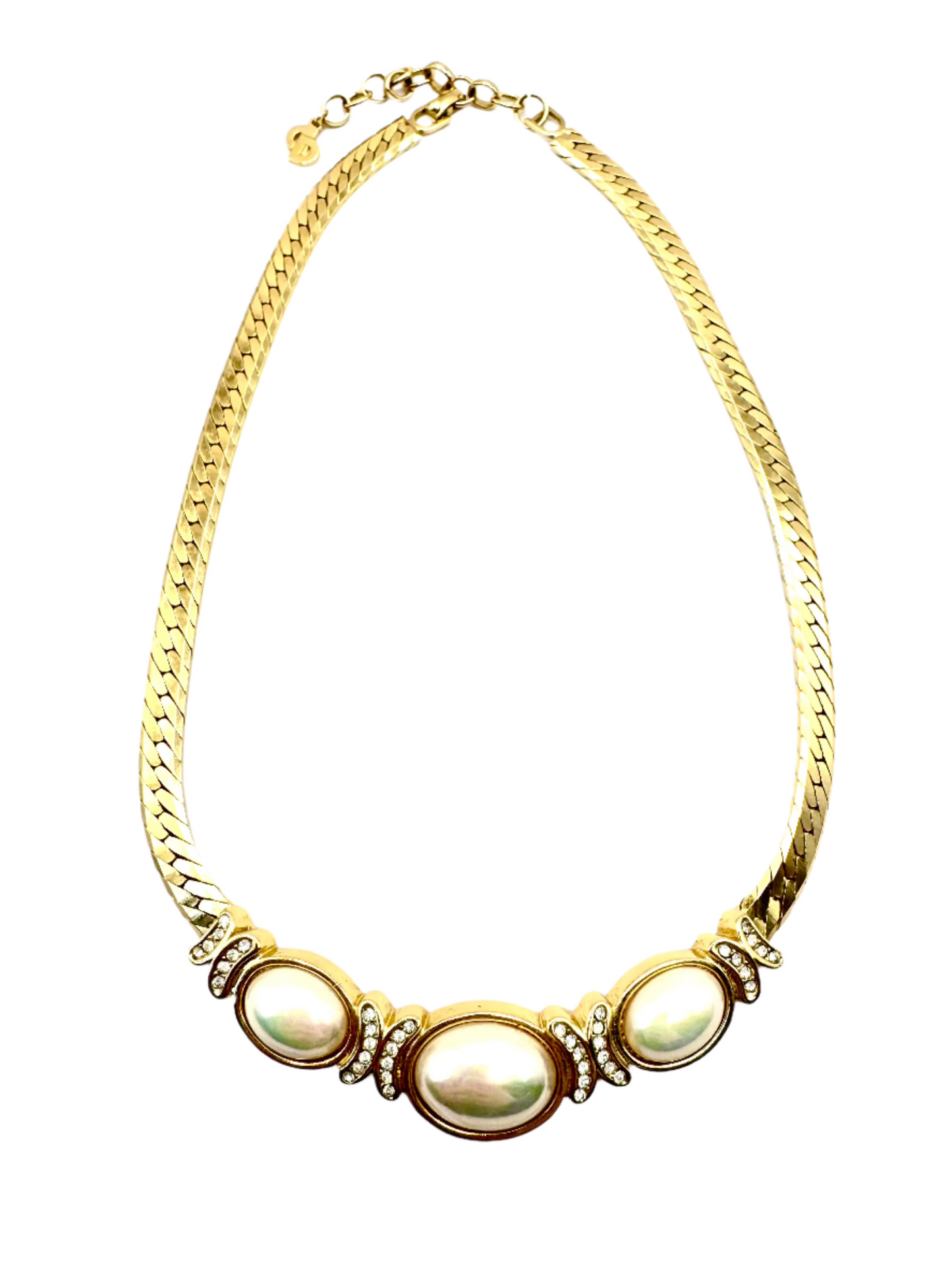 Vintage Christian Dior Gold-Tone Necklace with Faux Pearl Cabochons & Rhinestone Accents