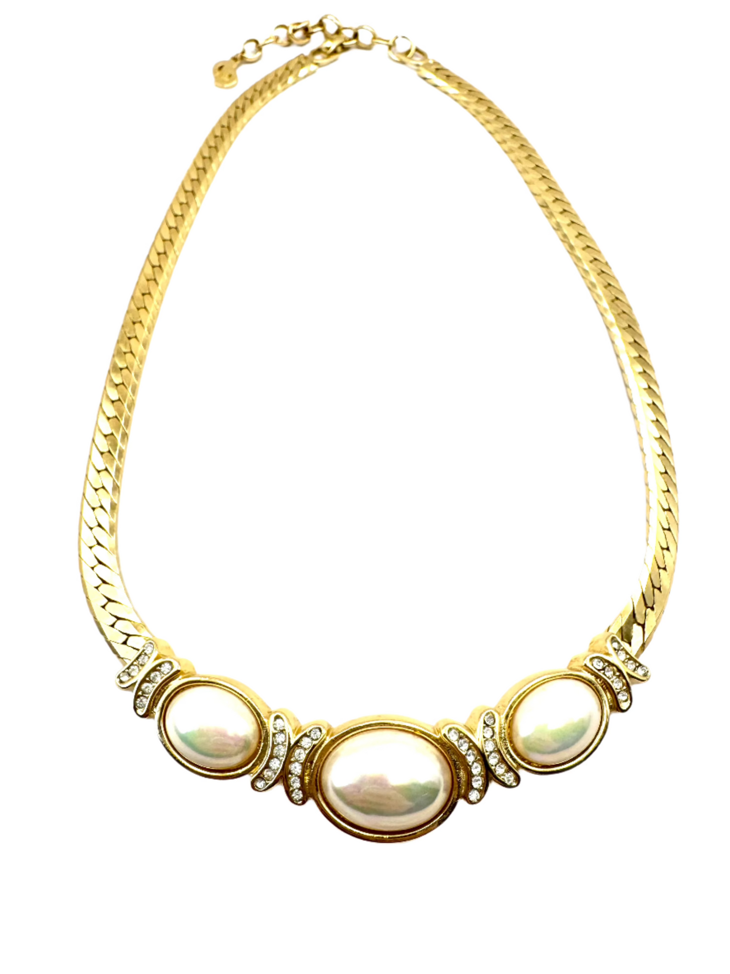 Vintage Christian Dior Gold-Tone Necklace with Faux Pearl Cabochons & Rhinestone Accents