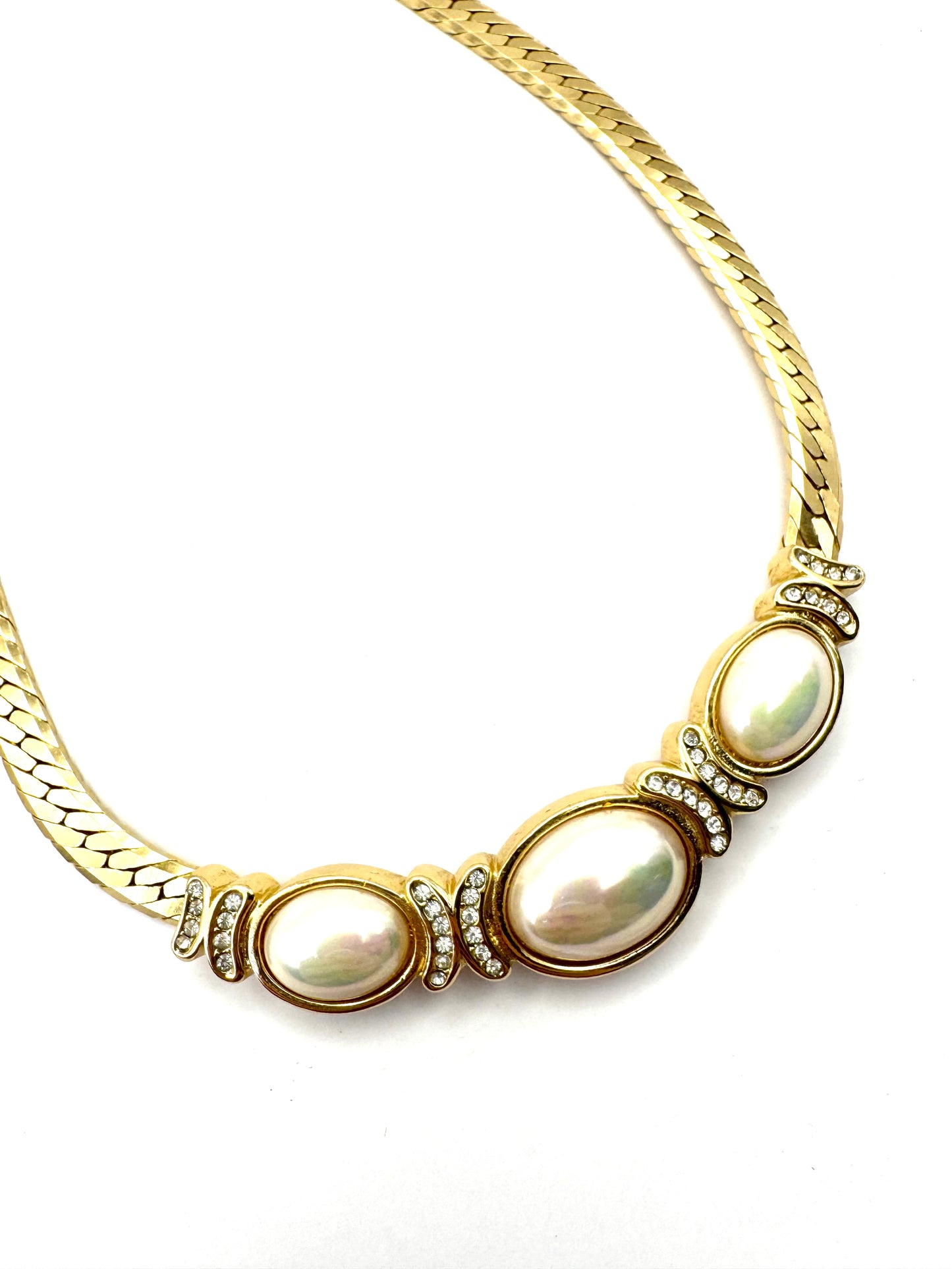 Vintage Christian Dior Gold-Tone Necklace with Faux Pearl Cabochons & Rhinestone Accents