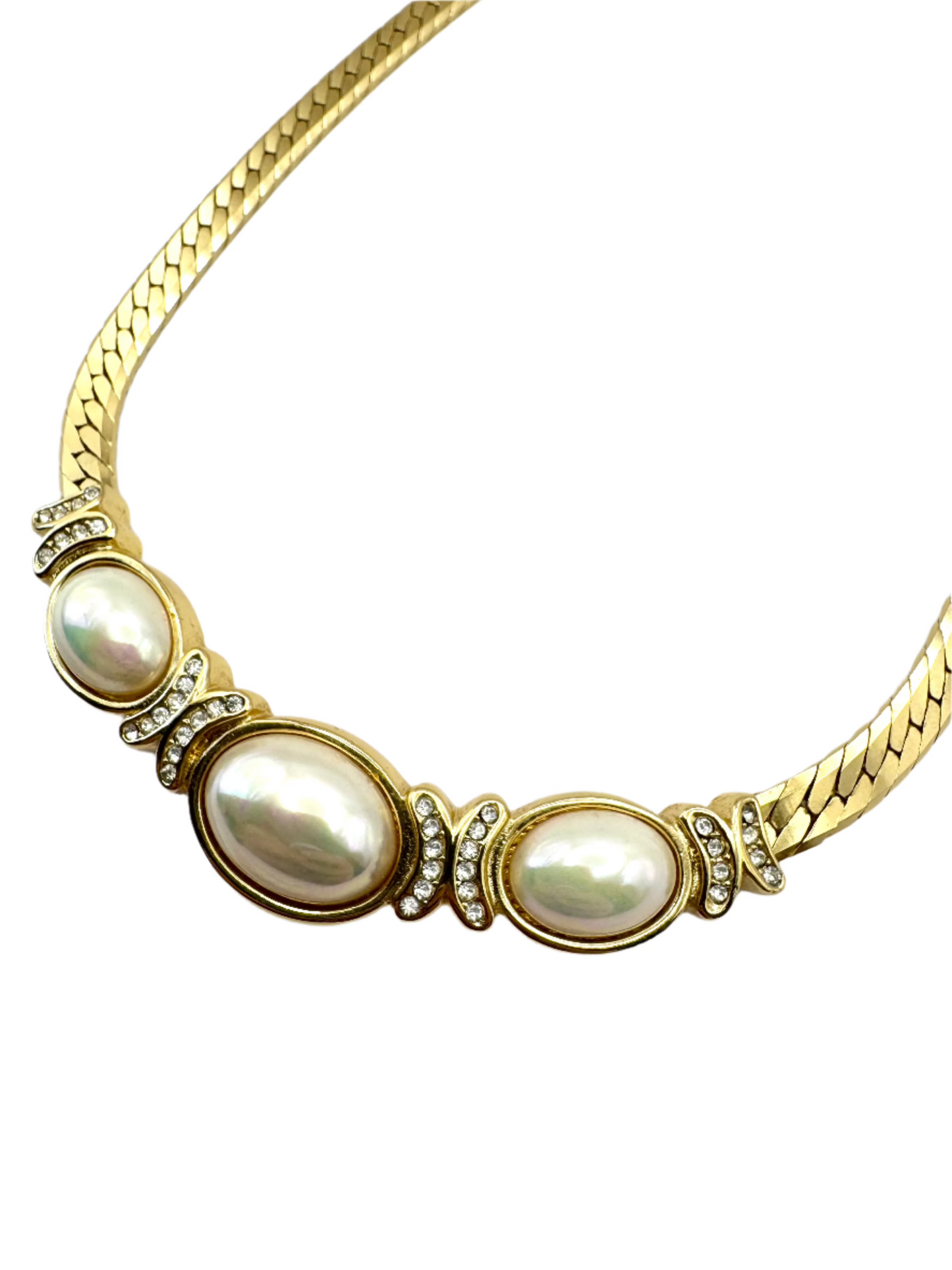 Vintage Christian Dior Gold-Tone Necklace with Faux Pearl Cabochons & Rhinestone Accents