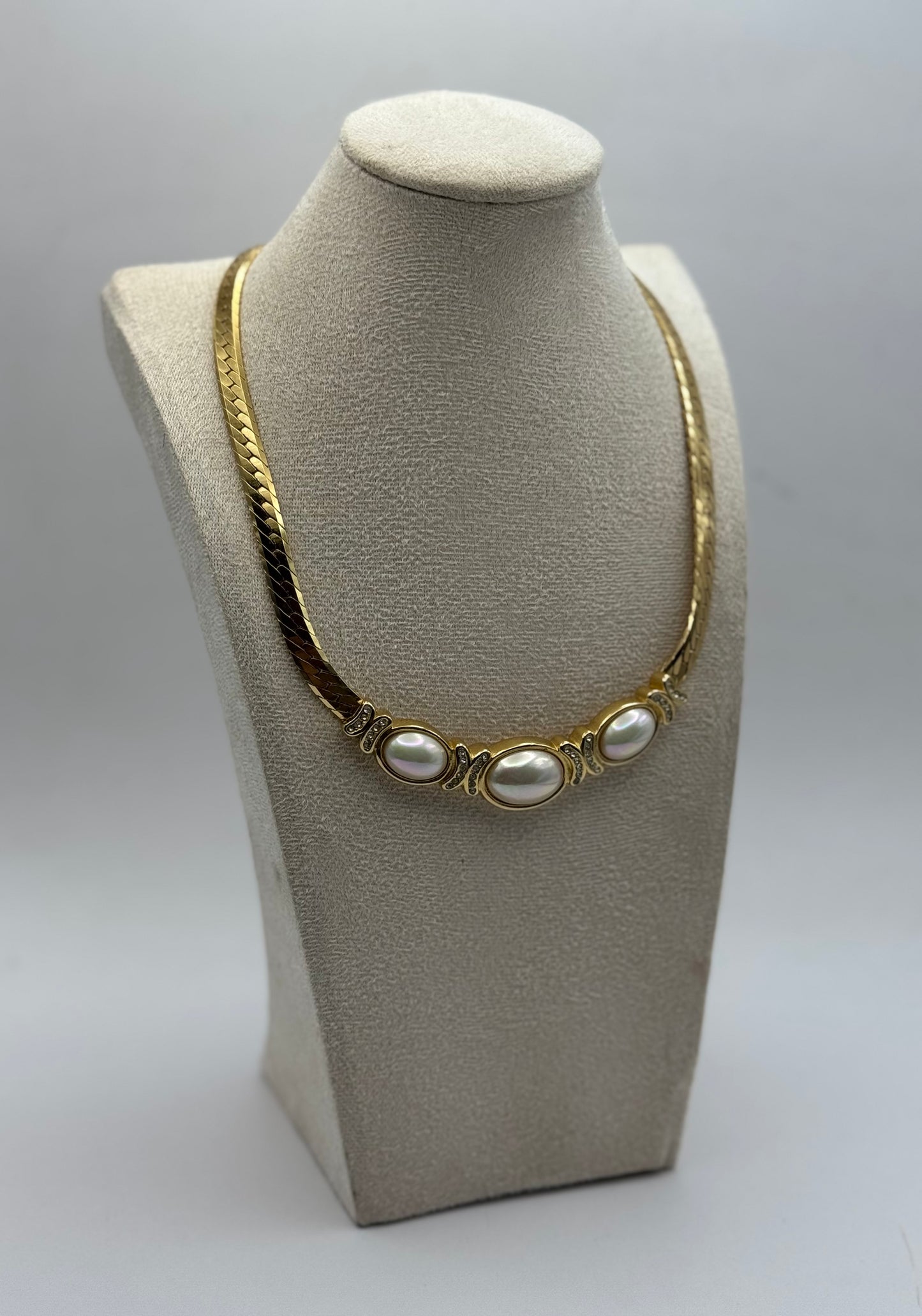 Vintage Christian Dior Gold-Tone Necklace with Faux Pearl Cabochons & Rhinestone Accents