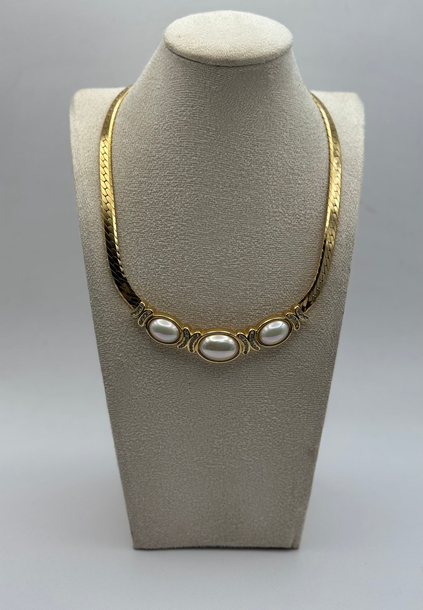 Vintage Christian Dior Gold-Tone Necklace with Faux Pearl Cabochons & Rhinestone Accents