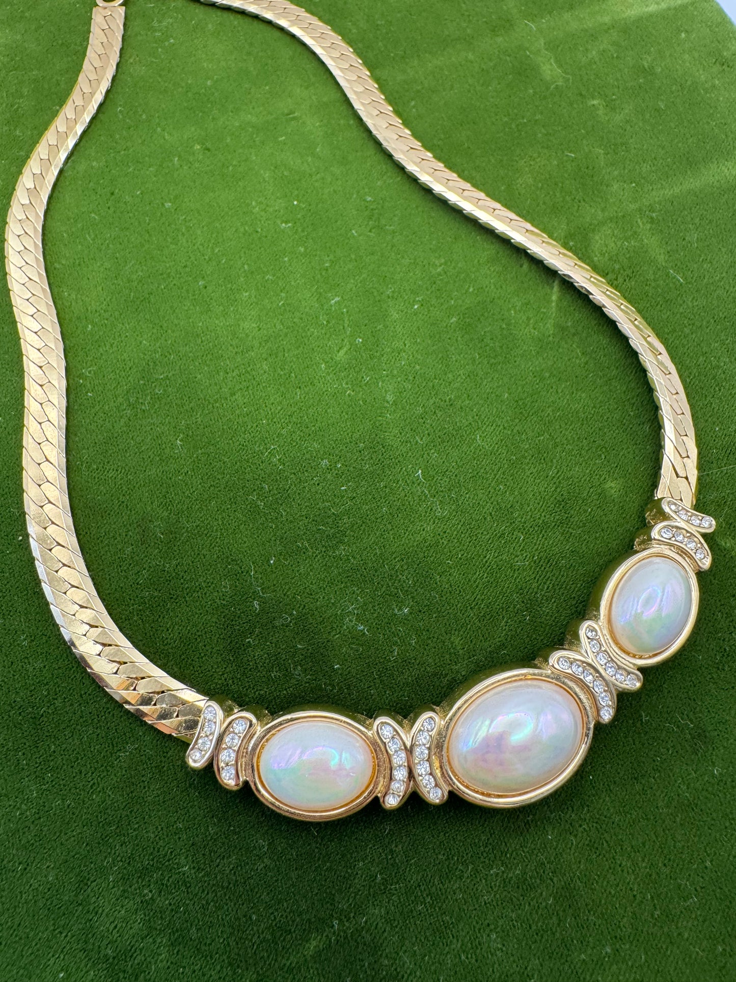 Vintage Christian Dior Gold-Tone Necklace with Faux Pearl Cabochons & Rhinestone Accents