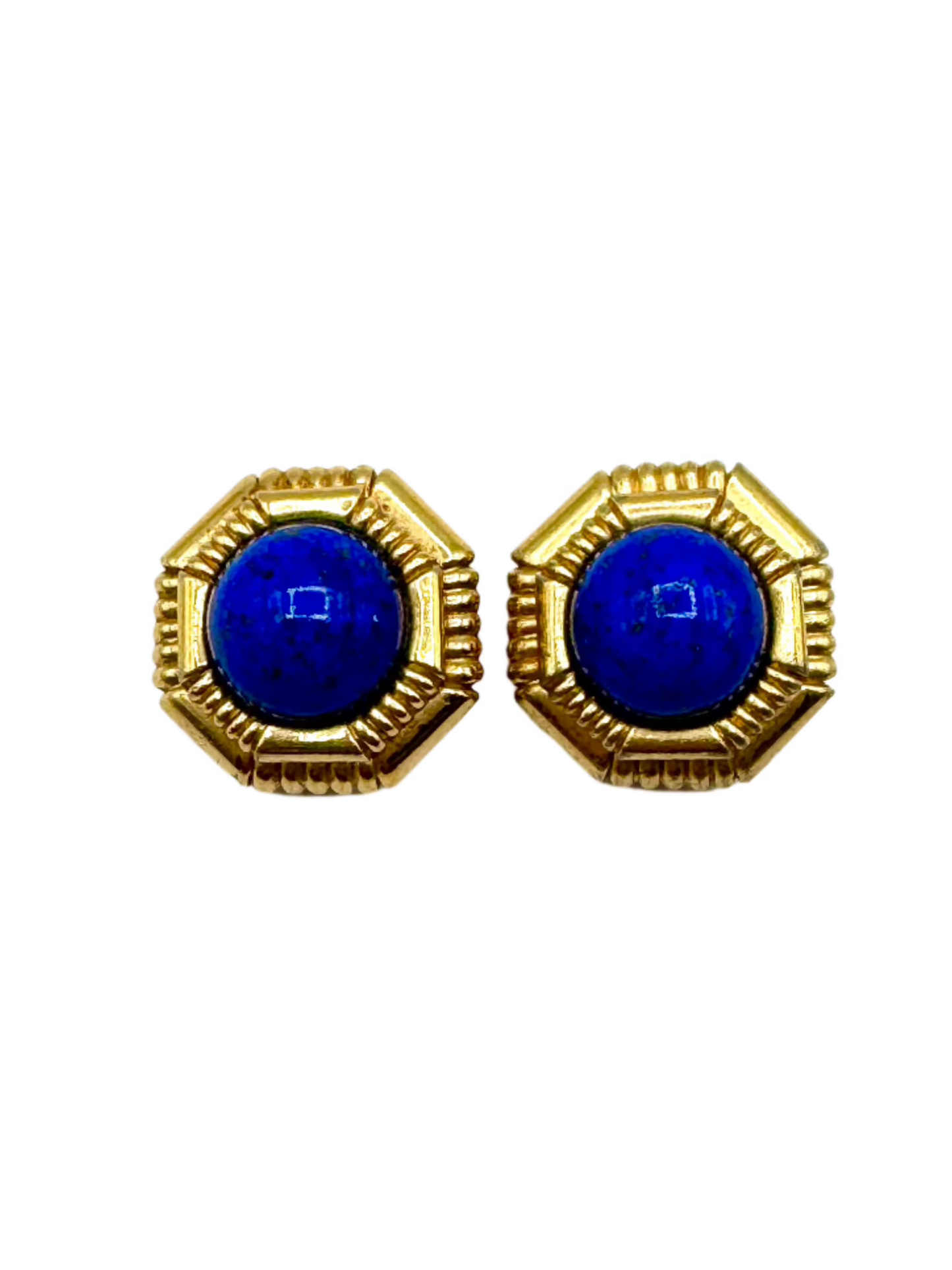 Vintage Ciner Lapis Blue Glass Cabochon Clip-On Earrings – Hexagon Statement Design